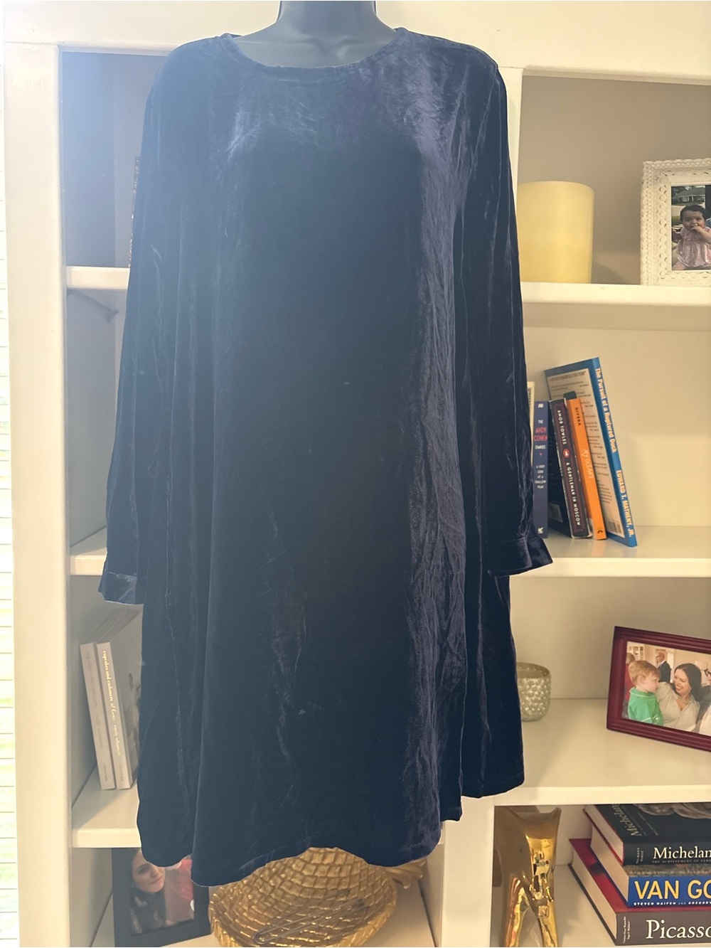 NWT Eileen Fisher Venus Velvet Crew Neck Dress in Navy Blue